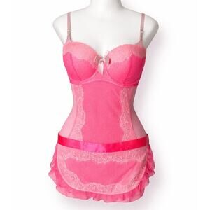 Victoria’s Secret 36D Neon Pink Lace Babydoll Lingerie Set Swiss Dot Bow Fairy